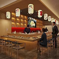 Japanese Sushi Restaurant With Wooden Interior Hanging Lanterns And Chef Serving Customers