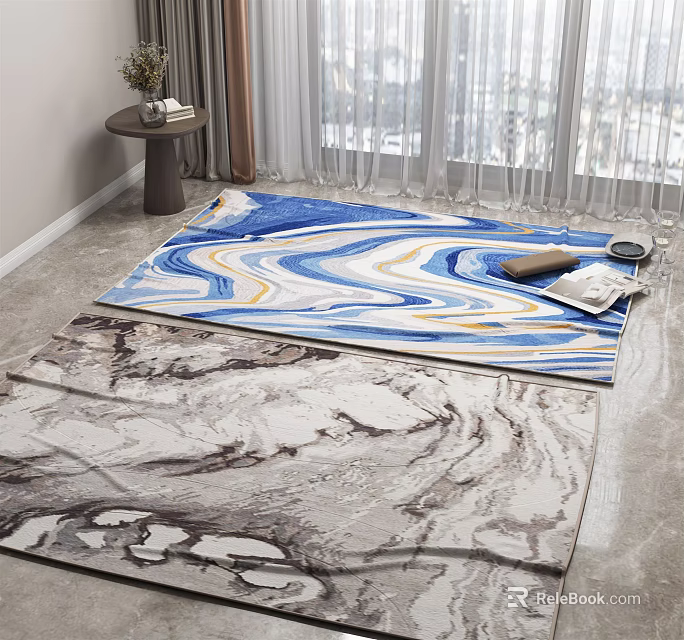 Square Rugs With Blue Wave And Gray Marble Patterns For Modern Living Space 3d model
