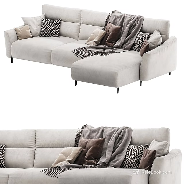 Modern Light Gray Sectional Sofa With Cozy Throw Pillows And Soft Blanket 3d model