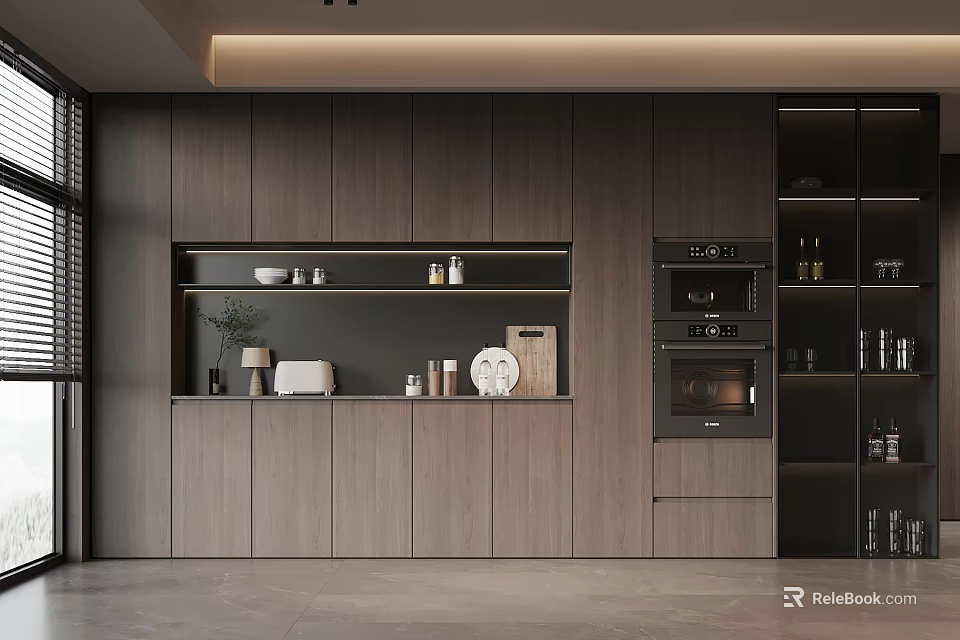 Modern Kitchen Wine Cabinet Design With Wooden Shelves Built in Appliances And Display Decor Items 3d model 
