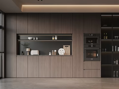 Modern Kitchen Wine Cabinet Design With Wooden Shelves Built in Appliances And Display Decor Items 3d model