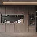 Modern Kitchen Wine Cabinet Design With Wooden Shelves Built in Appliances And Display Decor Items
