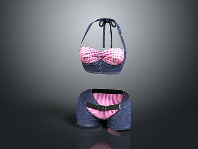 Pink Checkered Bra With Bow Detail And Denim Shorts With Black Belt 3d model