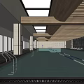 Modern Indoor Swimming Pool with Skylights Wooden Ceiling Large Windows and Lounge Chairs