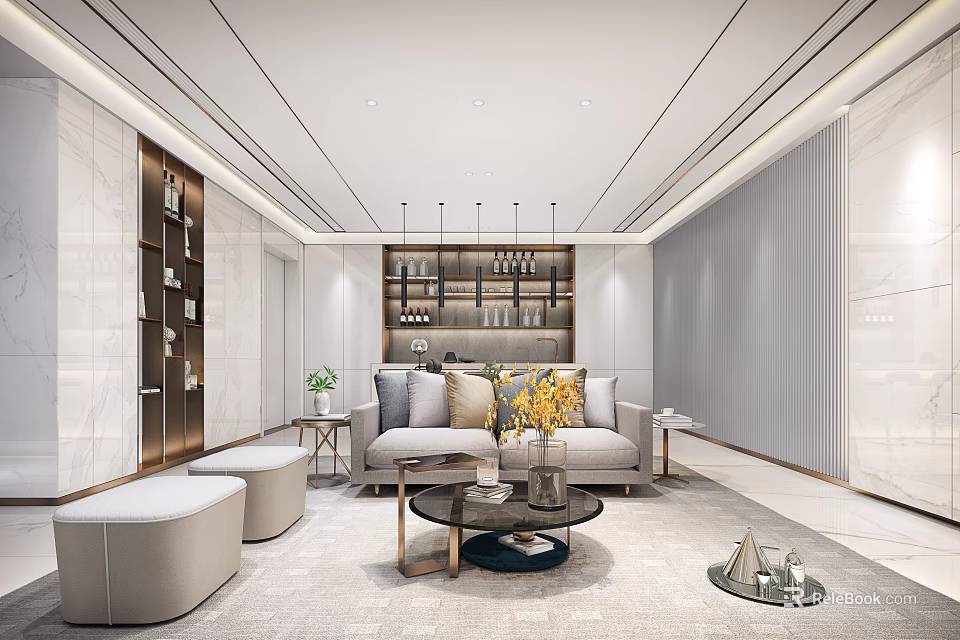 Elegant Modern Office Interior With Luxury Sofa Coffee Table And Bookshelf Lighting Design 3d model 
