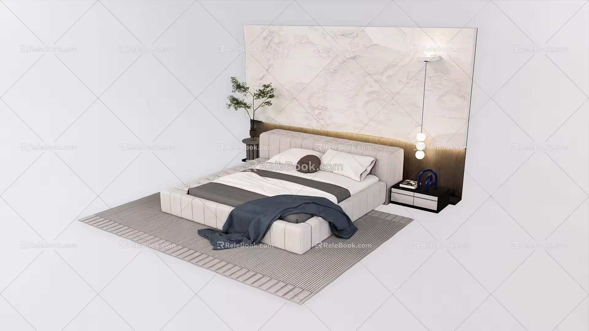 Modern background double bed double bedside table background wall bedside lamp 3d model