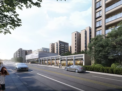 Modern Sales Office Building With Road Cars Pedestrians Trees And High Rise Buildings 3d model