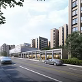 Modern Sales Office Building With Road Cars Pedestrians Trees And High Rise Buildings