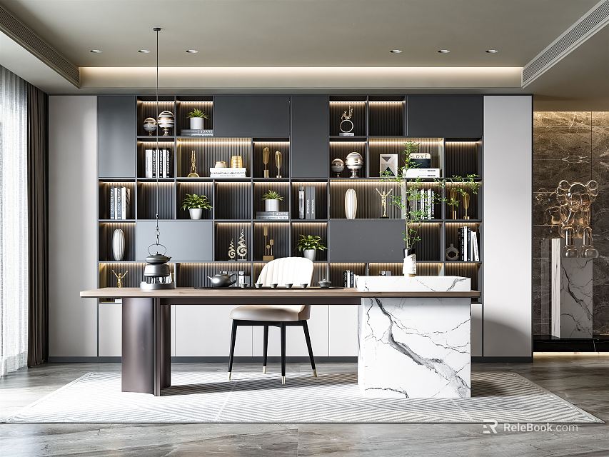 Modern Tea Room Interior Design With Shelves Vases Plants Marble Countertop And Chair 3d model 