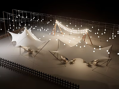 Evening Outdoor White Tents Setup With String Lights And Lawn Chairs 3d model