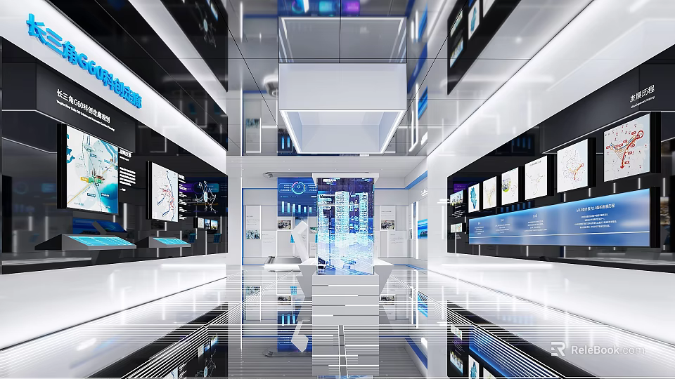 Hi Tech Exhibition Hall Interior With Digital Displays Data Charts And Modern Design 3d model 