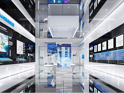 Hi Tech Exhibition Hall Interior With Digital Displays Data Charts And Modern Design 3d model