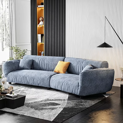Modern Living Room Interior With Gray Sofa Yellow Pillow Area Rug Floor Lamp And Plants 3d model