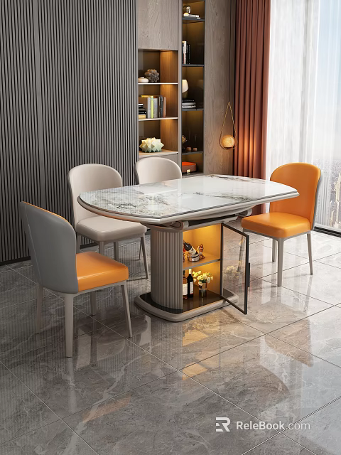 Modern Dining Table Set With Marble Top Gray And Orange Chairs Lit Storage Shelf 3d model 