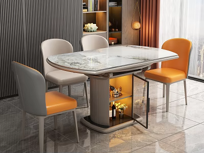 Modern Dining Table Set With Marble Top Gray And Orange Chairs Lit Storage Shelf 3d model