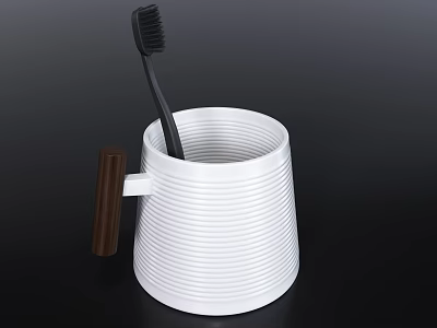 Bathroom Accessories White Striped Toothbrush Holder with Wooden Handle and Black Toothbrush 3d model