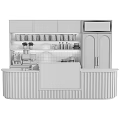 Café Display Shelves With Light Green Curved Counter Pastry Case Coffee Machine And Packaged Goods