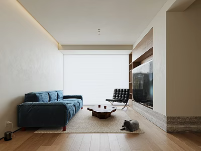 Modern Minimalist Living Room With Blue Sofa Black Leather Armchair Gray Cat And Wooden Floor 3d model