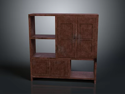 Brown Wooden Storage Cabinet With Open Shelves Double Doors And Bottom Compartments 3d model