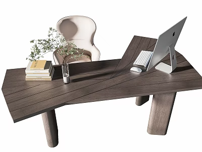 Wooden Office Desk with Laptop Mouse Books Plant and Comfortable Chair 3d model