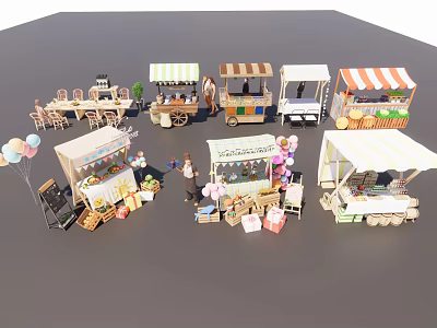 Colorful Outdoor Market Stalls With Awnings And Vendor Displays 3d model