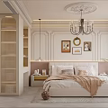 Elegant Modern Bedroom Interior With Ceiling Medallion Chandelier Framed Pictures Bedside Tables And Large Window