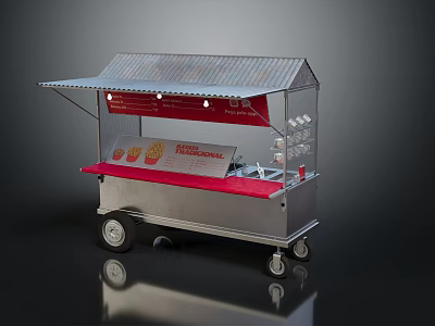 Metal Street Food Cart With Awning Red Countertop And Menu 3d model