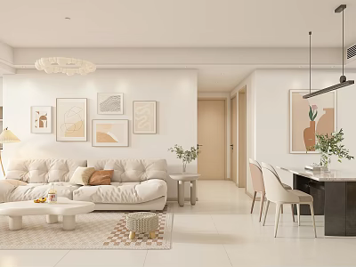 Modern Living Dining Room Interior With Beige Sofa Decorative Paintings Chandelier And Green Plants 3d model