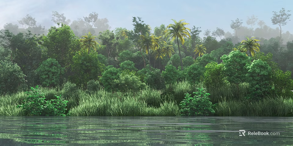 Lush Green Trees in Misty Forest with Calm Water and Palm Trees 3d model 