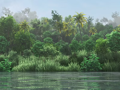 Lush Green Trees in Misty Forest with Calm Water and Palm Trees 3d model