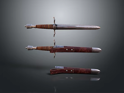 Vintage Dagger With Wooden Handle And Metal Blade In Sheath Variations 3d model