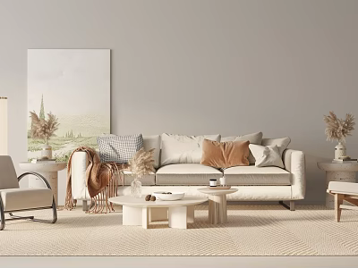 Modern Light Colored Sofa And Coffee Table Set With Throw Pillows Blanket And Wall Art 3d model