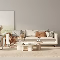 Modern Light Colored Sofa And Coffee Table Set With Throw Pillows Blanket And Wall Art 3d model