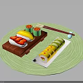 Fresh Sushi Rolls on Green Mat with Wooden Tray White Plate and Red Chopsticks