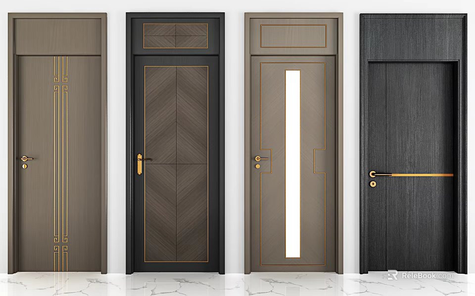 Modern Swing Doors with Various Designs Decorative Patterns and Golden Handles 3d model 