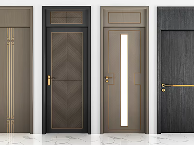 Modern Swing Doors with Various Designs Decorative Patterns and Golden Handles 3d model