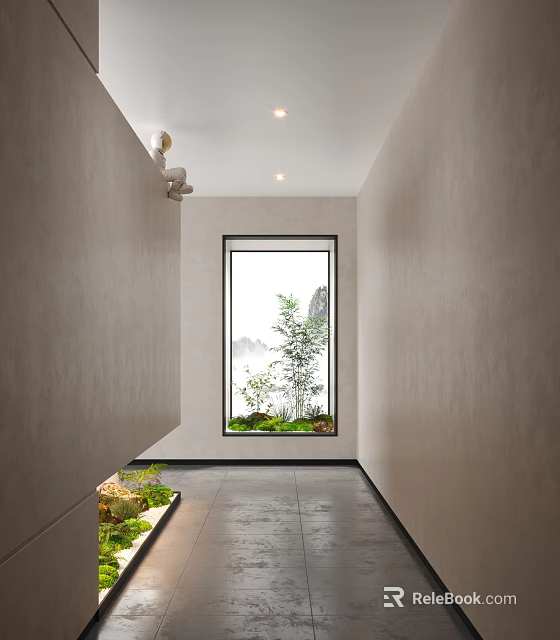 Mini Garden Features in Narrow Corridor with Window Green Plants Rockery and Planter 3d model 