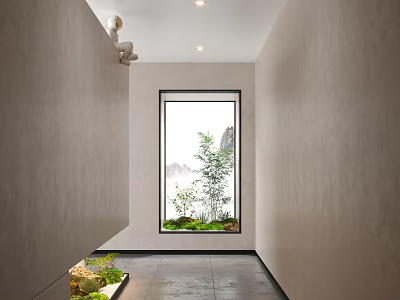 Mini Garden Features in Narrow Corridor with Window Green Plants Rockery and Planter 3d model