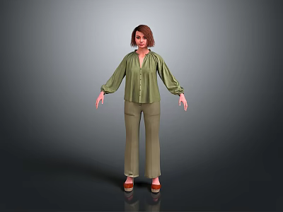 Woman In Green Blouse And Green Pants With Short Brown Hair On Gray Background 3d model