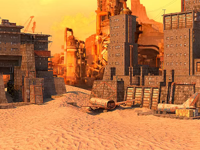 Industrial Tall Brick Building Components With Sandy Ground Crane And Abandoned Vehicles Under Sunset Hue 3d model