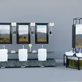 Elegant Modern Bathroom Washbasin Vanity With Three Mirrors Lighting And Marble Countertop