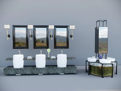 Elegant Modern Bathroom Washbasin Vanity With Three Mirrors Lighting And Marble Countertop 3d model