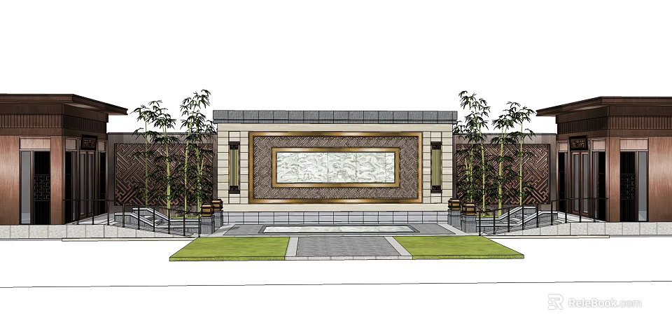 Chinese Style Entrance Gate Featuring Decorative Wall Bamboo Plants And Lawn Area 3d model 