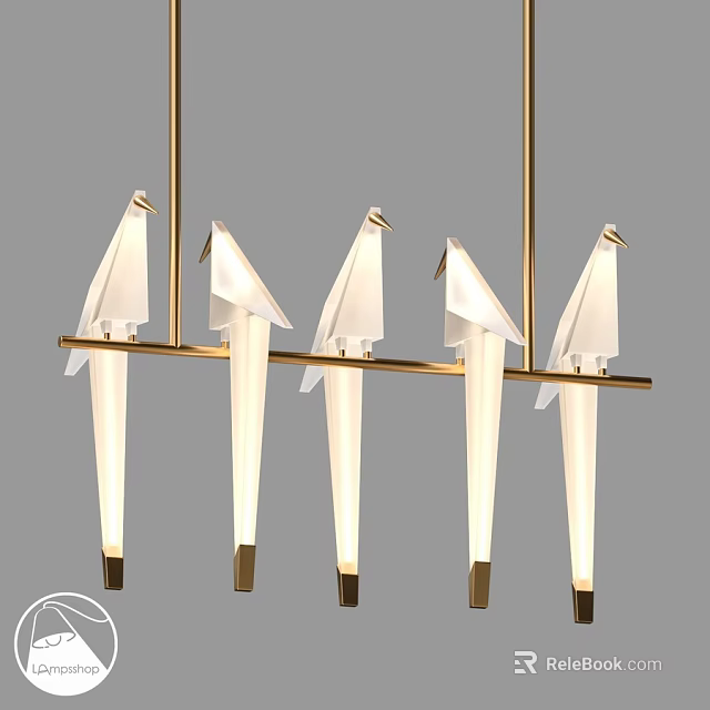 Modern Elegant Chandelier With Golden Frame And Five White Tapered Shades 3d model 