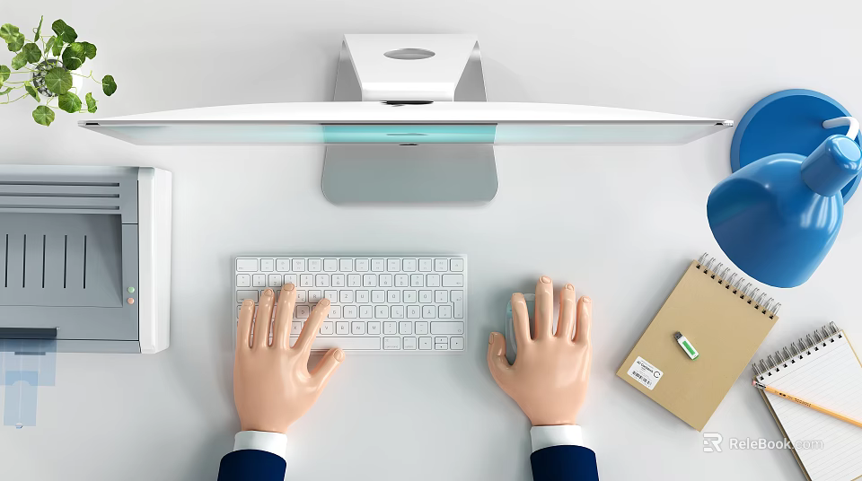 Desktop Computer Setup With Monitor Keyboard Hands Typing Notebook Desk Lamp And Printer 3d model 