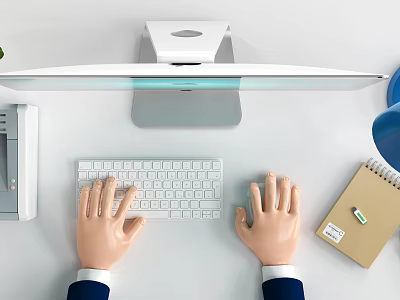 Desktop Computer Setup With Monitor Keyboard Hands Typing Notebook Desk Lamp And Printer 3d model