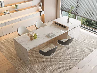 Elegant Modern Dining Table Set With Marble Top Four Chairs Window Plant And Rug 3d model