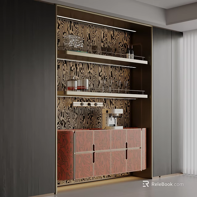 Modern Wine Cabinet With Glass Shelves And Patterned Backdrop Storage Design 3d model 