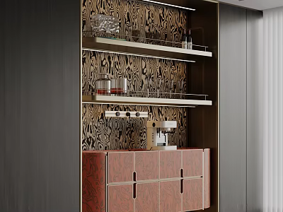 Modern Wine Cabinet With Glass Shelves And Patterned Backdrop Storage Design 3d model