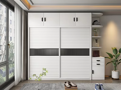 Modern White Wardrobe With Sliding Doors Upper Cabinets And Open Shelves 3d model